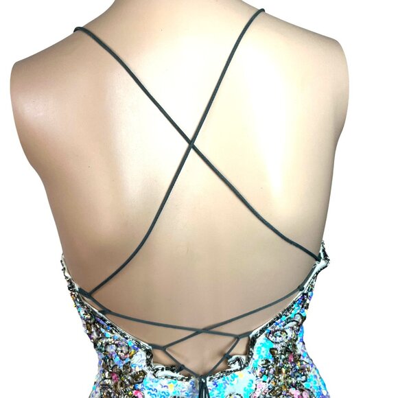 Primavera Couture White Backless Mini Dress w Iridescent Sequins Size 2 Bodycon - Picture 7 of 8